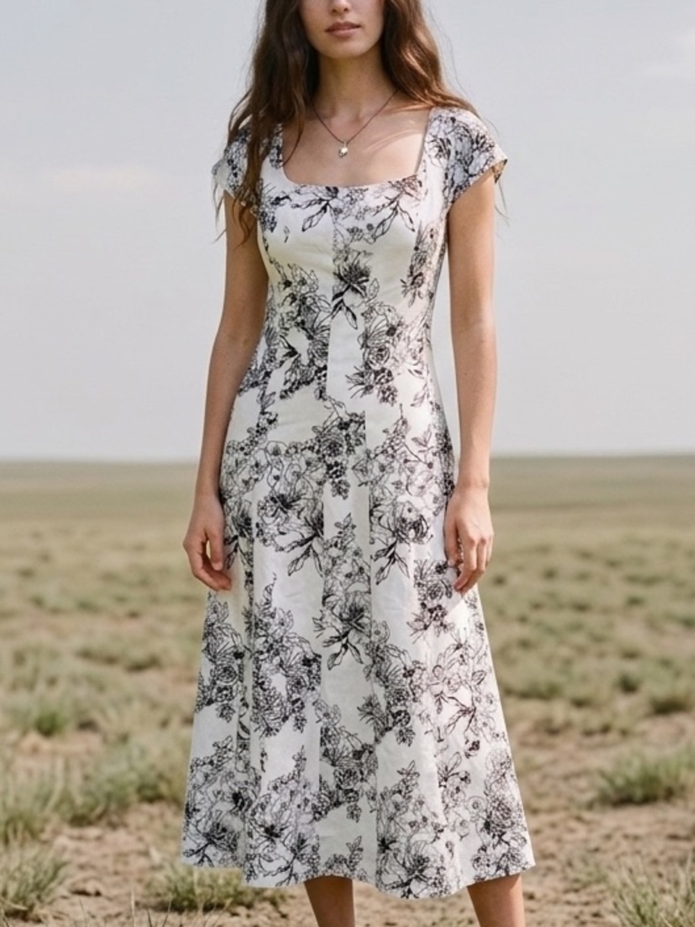 Linen Blend Bagatelle Artsy Boho Euro Summer White Black Floral  Midi SunDress 6